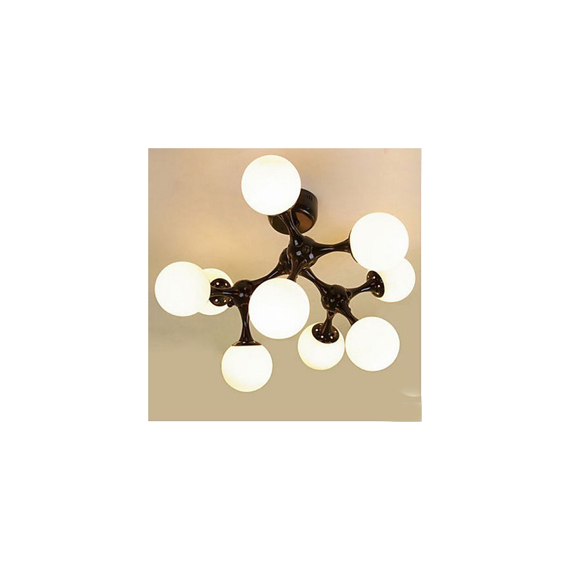 Plafoniera a filo con sfera in vetro artistico, 9 luci, argento e nero