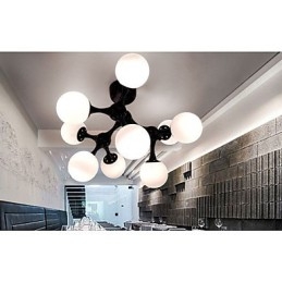 Plafoniera a filo con sfera in vetro artistico, 9 luci, argento e nero