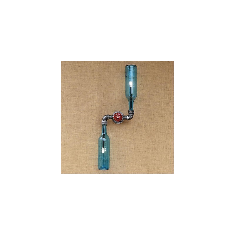 Applique da parete rustica in ottone blu con paralume in tessuto, E27, 2 lampadine