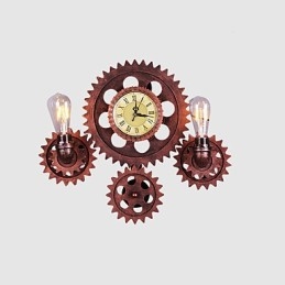 Applique da parete vintage a forma di ingranaggio in legno, luci girevoli creative