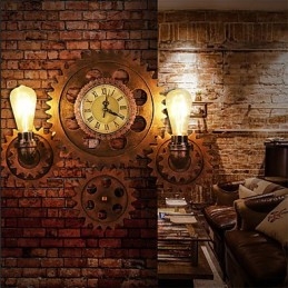 Applique da parete vintage a forma di ingranaggio in legno, luci girevoli creative