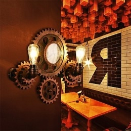 Applique da parete vintage a forma di ingranaggio in legno, luci girevoli creative