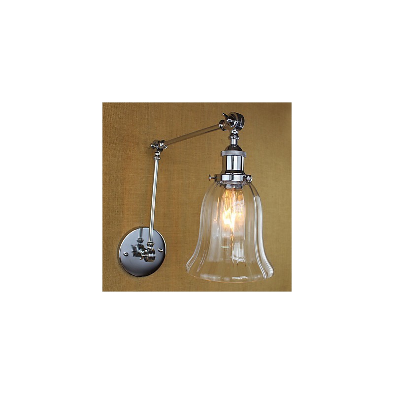 Applique da parete country retrò mini galvanizzata con braccio oscillante, paralume in vetro, E26/E27
