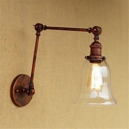 Applique da parete country retrò mini galvanizzata con braccio oscillante, paralume in vetro, E26/E27