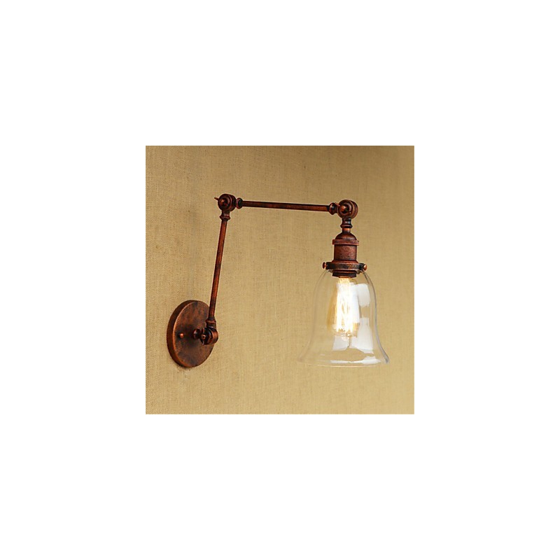 Applique da parete country retrò mini galvanizzata con braccio oscillante, paralume in vetro, E26/E27