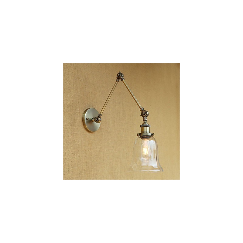 Applique da parete country retrò mini galvanizzata con braccio oscillante, paralume in vetro, E26/E27