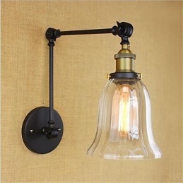 Applique da parete country retrò mini galvanizzata con braccio oscillante, paralume in vetro, E26/E27
