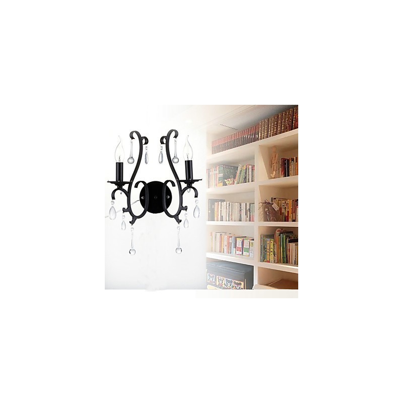 Applique da parete country cromata con cristallo, 2 luci E12/E14