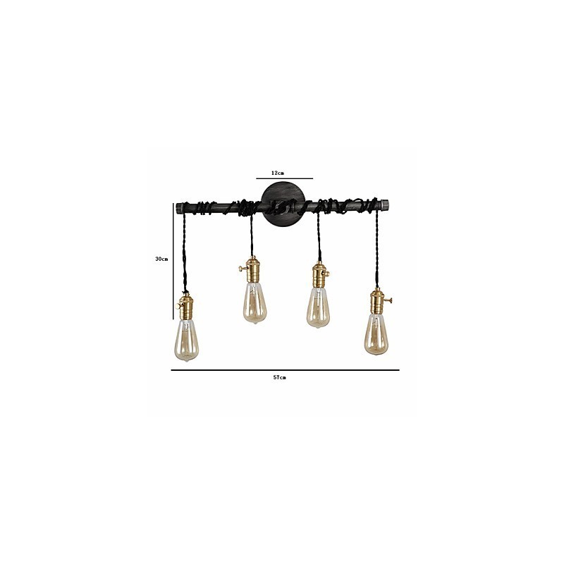 Applique da parete vintage industriale in tubo con interruttore, 4 luci, finitura verniciata