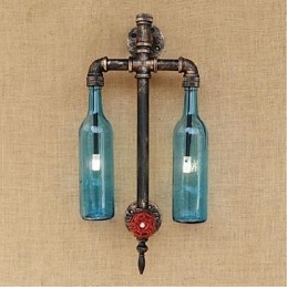 Applique da parete in ferro blu con interruttore, motivo bottiglie di vino e tubo dell'acqua