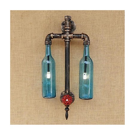Applique da parete in ferro blu con interruttore, motivo bottiglie di vino e tubo dell'acqua