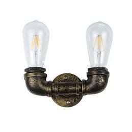 Applique da parete LED rustica/classica in ottone antico, 2 lampadine E27 incluse