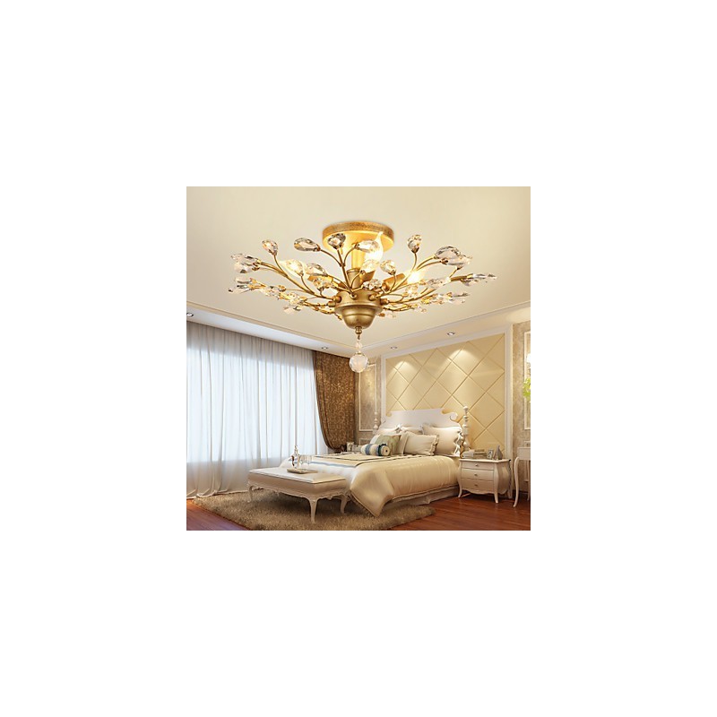 Plafoniera a filo vintage in cristallo, metallo nero e oro, 4 lampadine E12/E14