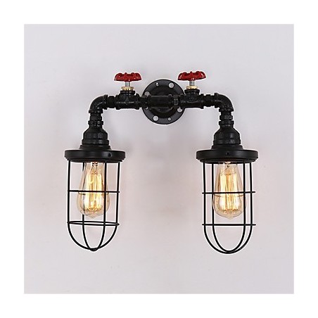 Applique da parete industriale retrò a 2 teste in metallo nero a gabbia, 35 cm