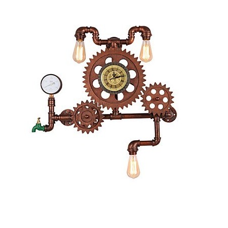 Applique da parete vintage industriale a ingranaggio in legno, girevole, 3 luci