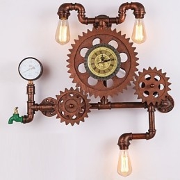Applique da parete vintage industriale a ingranaggio in legno, girevole, 3 luci