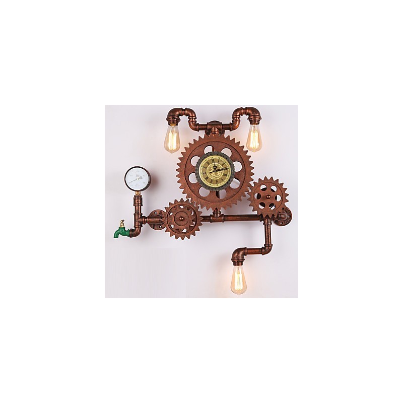 Applique da parete vintage industriale a ingranaggio in legno, girevole, 3 luci