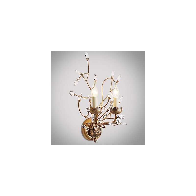 Applique da parete in cristallo con finitura ottone, luce verso l'alto, 2 lampadine E12/E14