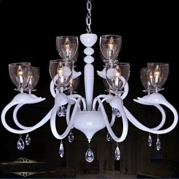 Lampadario a 12 luci in cristallo stile europeo con cigno, bianco, 2 livelli
