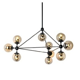 Lampadario retrò in metallo e cristallo nero con paralumi in vetro marrone e grigio