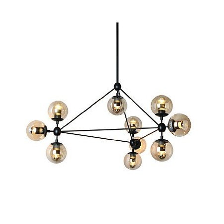 Lampadario retrò in metallo e cristallo nero con paralumi in vetro marrone e grigio