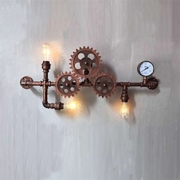 Applique da parete vintage industriale a forma di ingranaggio in legno, girevole, 3 luci