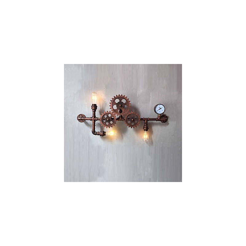 Applique da parete vintage industriale a forma di ingranaggio in legno, girevole, 3 luci