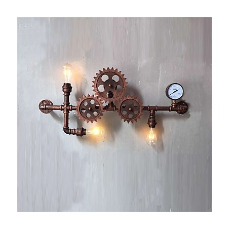Applique da parete vintage industriale a forma di ingranaggio in legno, girevole, 3 luci
