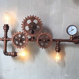 Applique da parete vintage industriale a forma di ingranaggio in legno, girevole, 3 luci