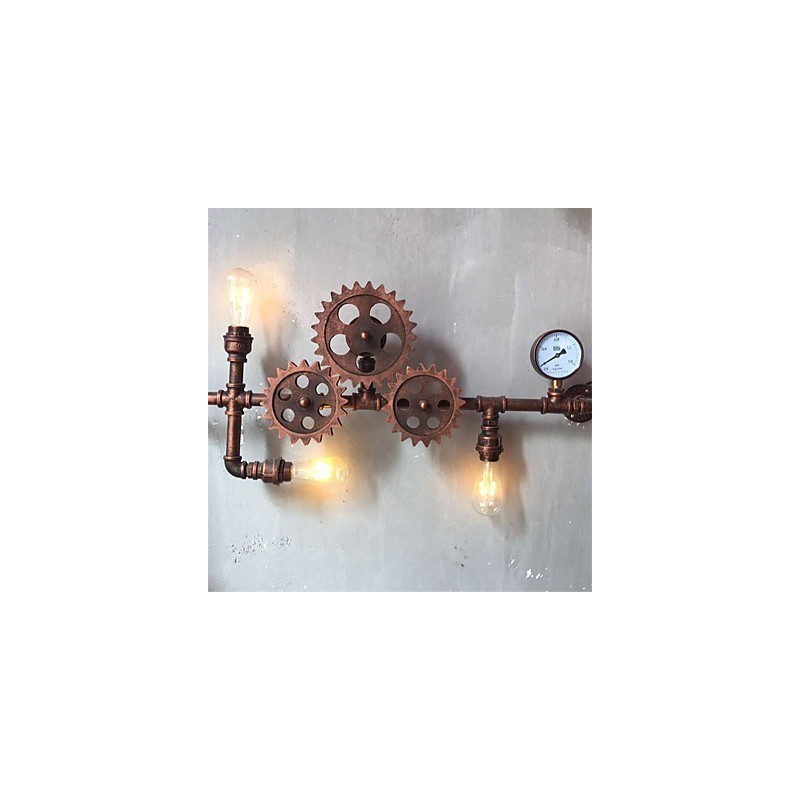 Applique da parete vintage industriale a forma di ingranaggio in legno, girevole, 3 luci