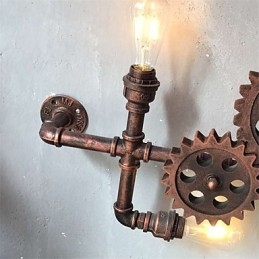 Applique da parete vintage industriale a forma di ingranaggio in legno, girevole, 3 luci