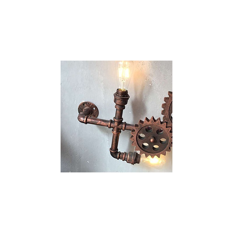 Applique da parete vintage industriale a forma di ingranaggio in legno, girevole, 3 luci
