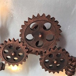 Applique da parete vintage industriale a forma di ingranaggio in legno, girevole, 3 luci