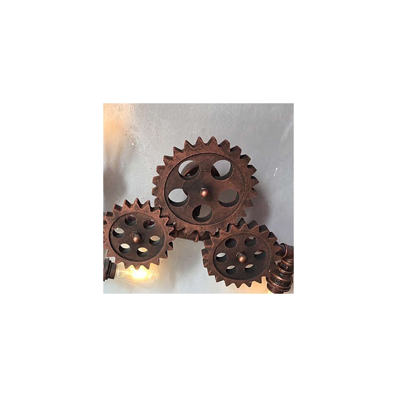 Applique da parete vintage industriale a forma di ingranaggio in legno, girevole, 3 luci