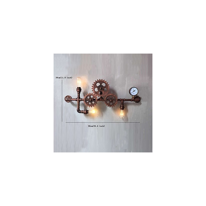 Applique da parete vintage industriale a forma di ingranaggio in legno, girevole, 3 luci
