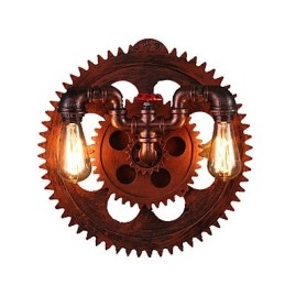 Applique da parete vintage industriale a 2 teste con ingranaggi in legno
