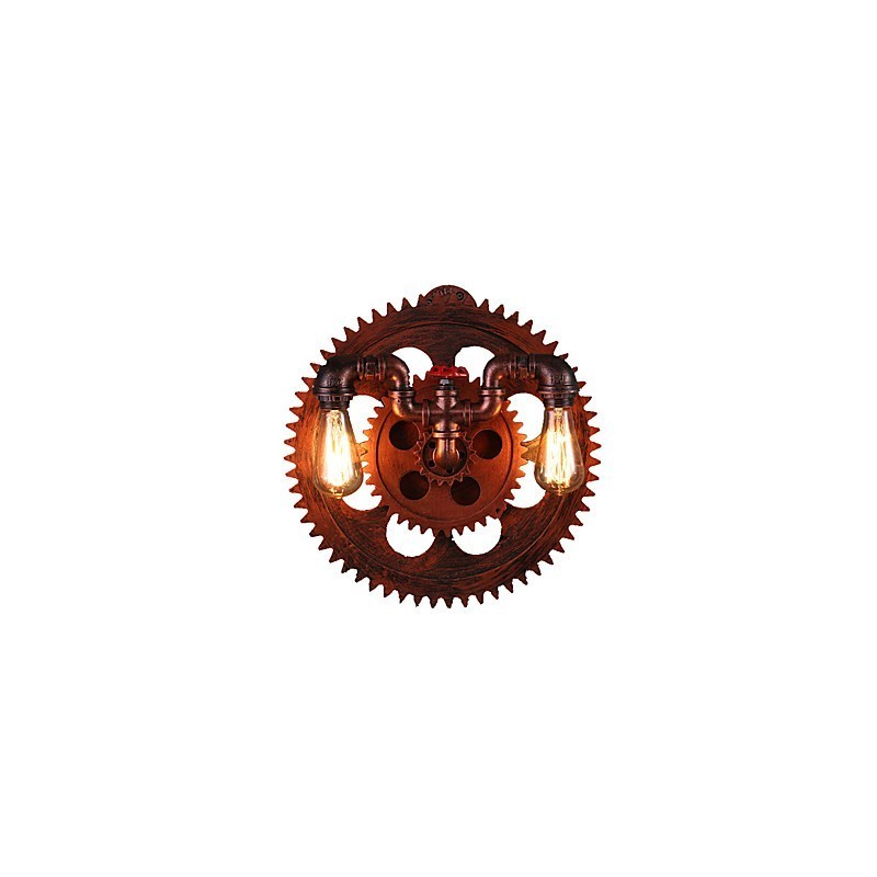 Applique da parete vintage industriale a 2 teste con ingranaggi in legno