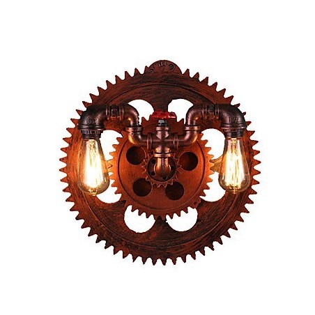 Applique da parete vintage industriale a 2 teste con ingranaggi in legno