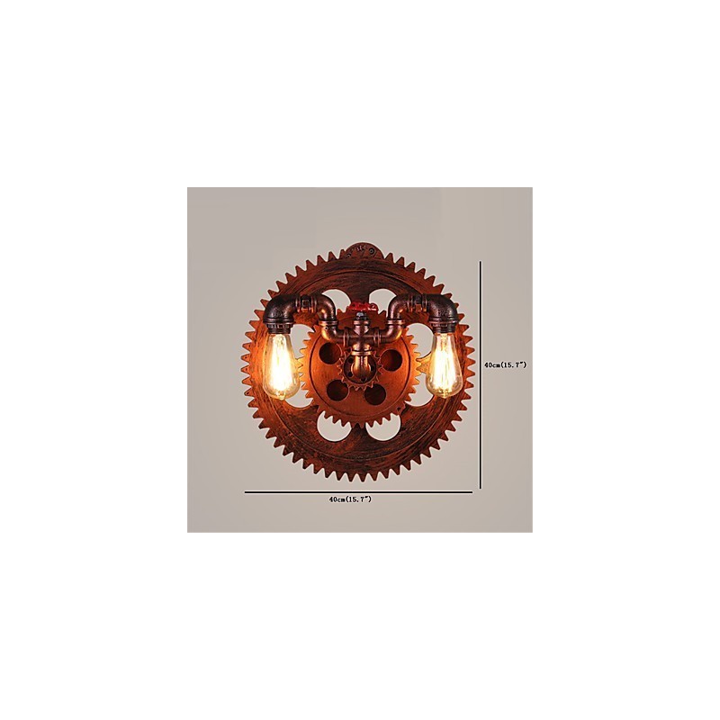 Applique da parete vintage industriale a 2 teste con ingranaggi in legno
