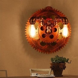 Applique da parete vintage industriale a 2 teste con ingranaggi in legno