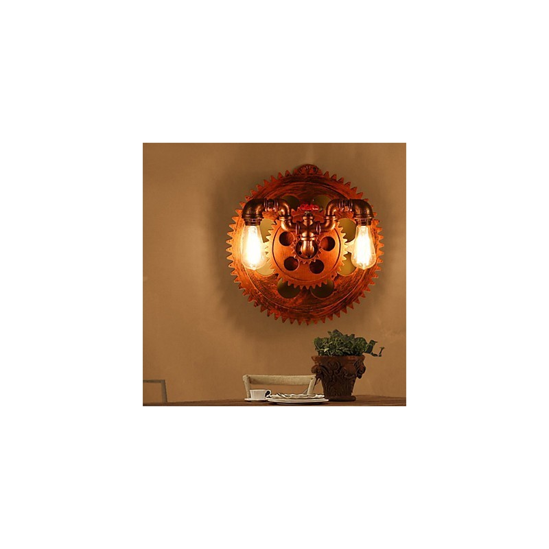 Applique da parete vintage industriale a 2 teste con ingranaggi in legno