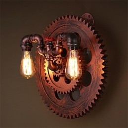 Applique da parete vintage industriale a 2 teste con ingranaggi in legno