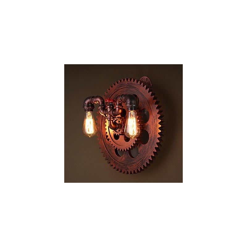 Applique da parete vintage industriale a 2 teste con ingranaggi in legno