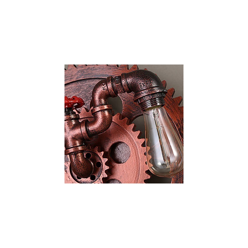 Applique da parete vintage industriale a 2 teste con ingranaggi in legno