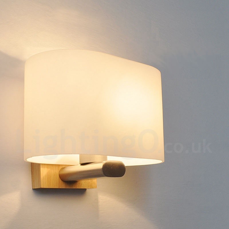 Applique da parete moderna in legno e acciaio inox con paralume in vetro E27 20 cm x 16 cm