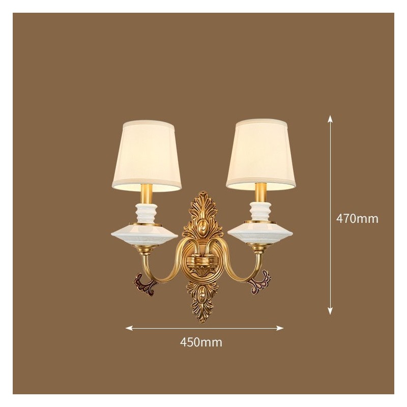 Applique da parete in ottone puro al 100%, rustico, retrò, vintage, in ceramica, a 2 luci, con paralumi in tessuto, speciale per hotel, ufficio, showroom, soggiorno, sala da pranzo