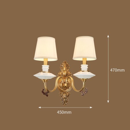 Applique da parete in ottone puro al 100%, rustico, retrò, vintage, in ceramica, a 2 luci, con paralumi in tessuto, speciale per hotel, ufficio, showroom, soggiorno, sala da pranzo