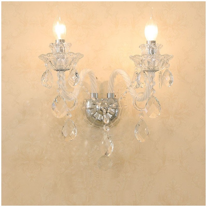 Applique da parete retrò in vetro e cristallo con 2 luci E12/E14