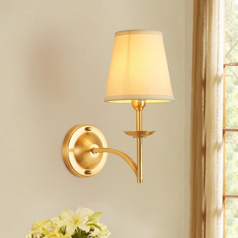 Applique da parete in ottone con paralume in tessuto, stile rustico retrò vintage, 1 luce E14
