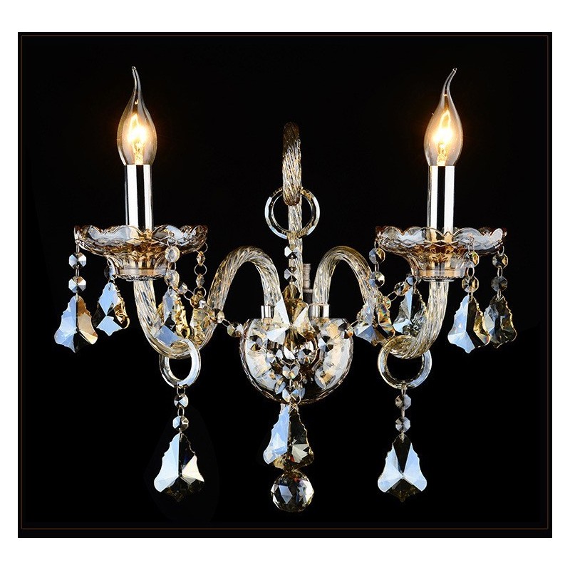 Applique da parete retrò in vetro cognac con cristallo K9, 2 luci